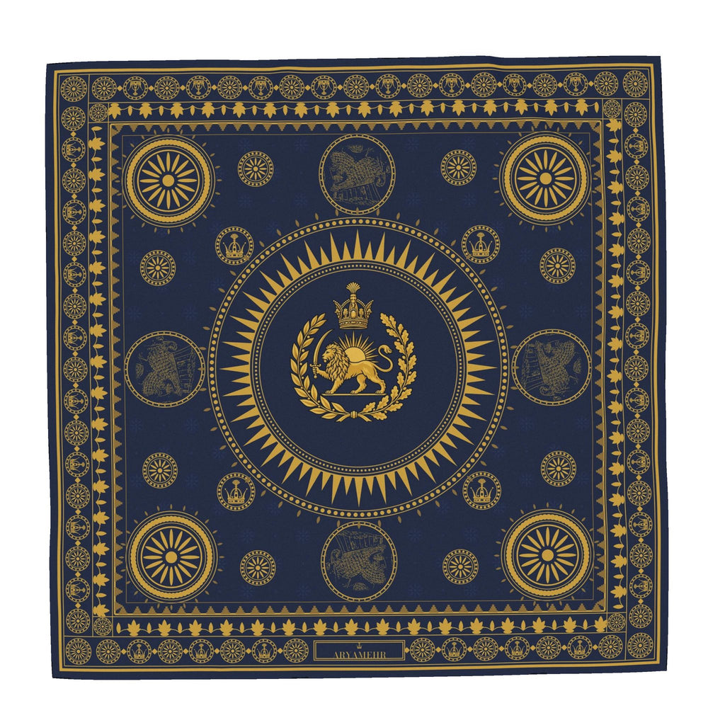 Aryamehr Seidentuch 90×90 Löwe und Sonne – Marine & Gold