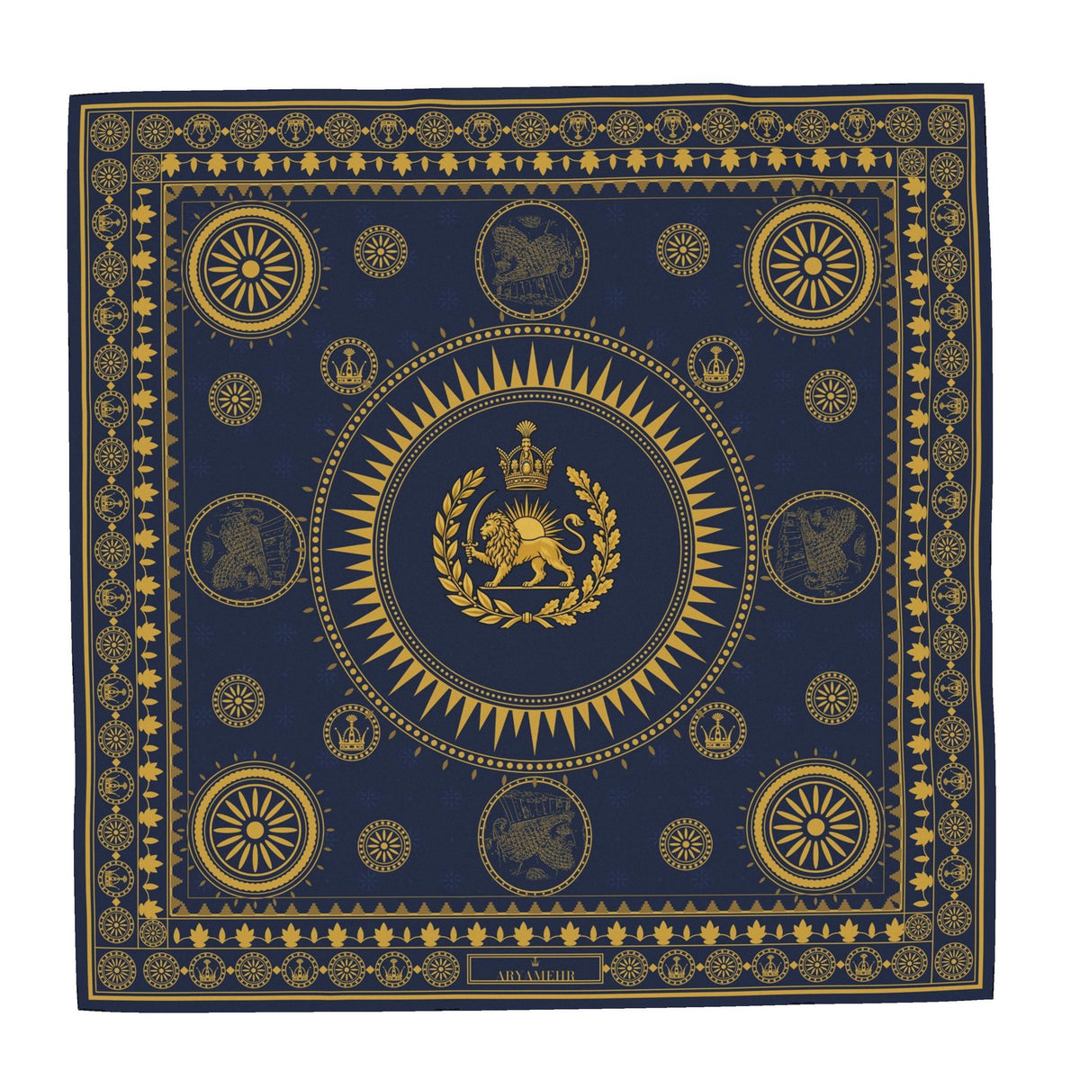 Aryamehr Seidentuch 90×90 Löwe und Sonne – Marine & Gold