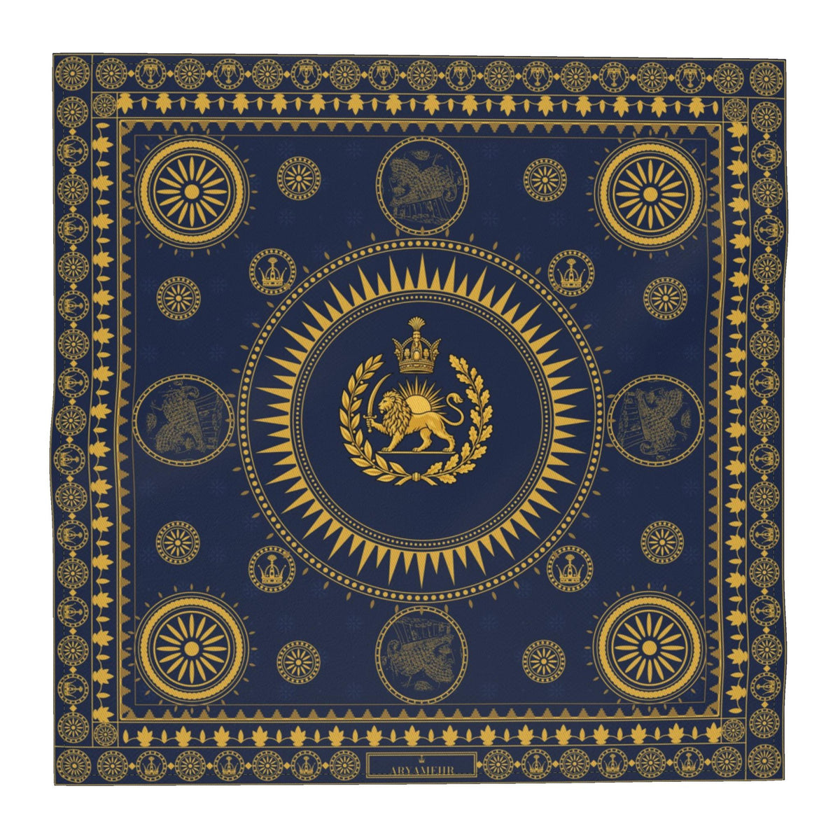 Aryamehr Einstecktuch Seide Löwe und Sonne – Mini-Carré Marine & Gold