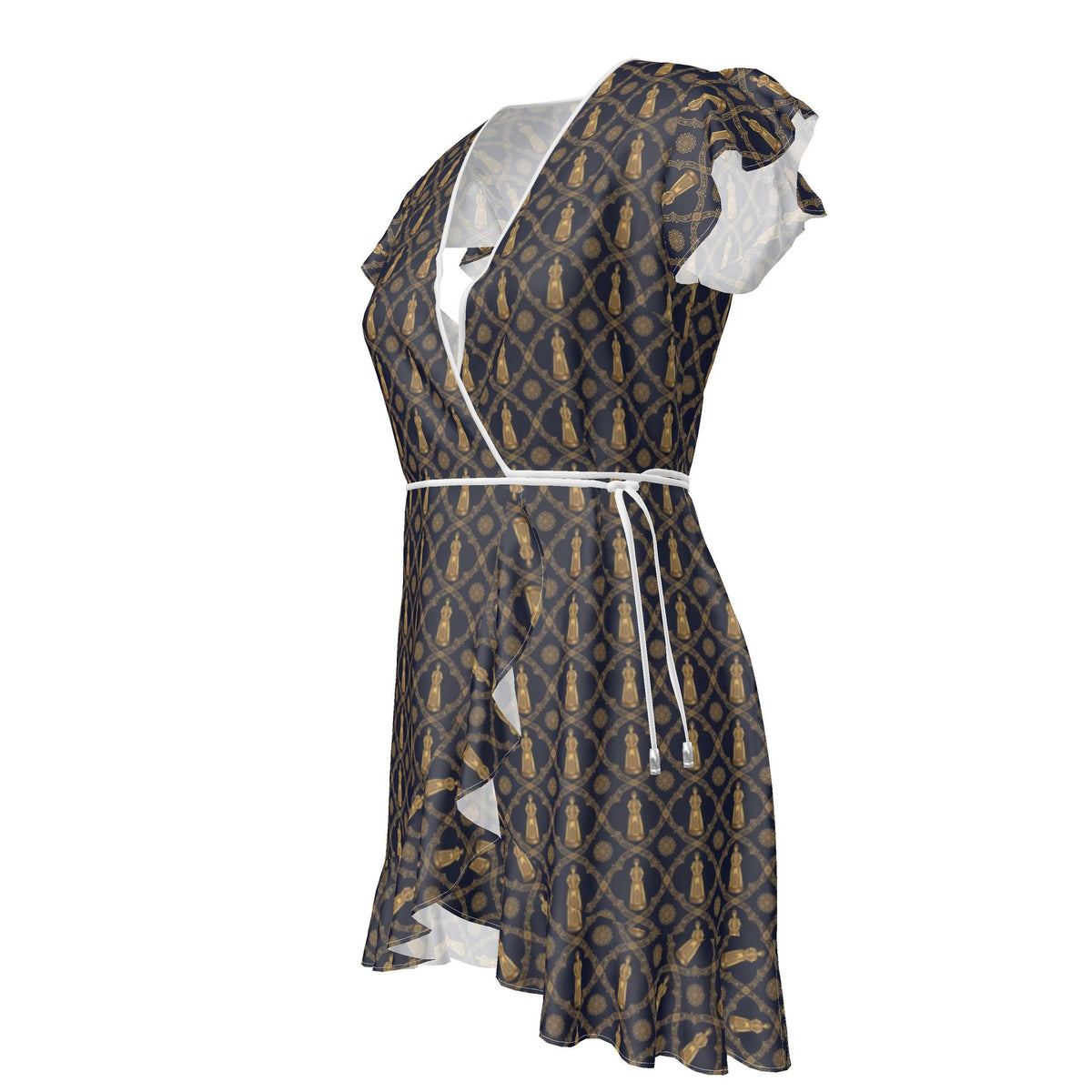 Aryamehr Empress Volant-Teekleid aus Seidensatin – Marine & Gold