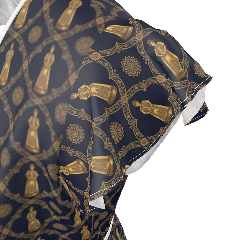 Aryamehr Empress Volant-Teekleid aus Seidensatin – Marine & Gold
