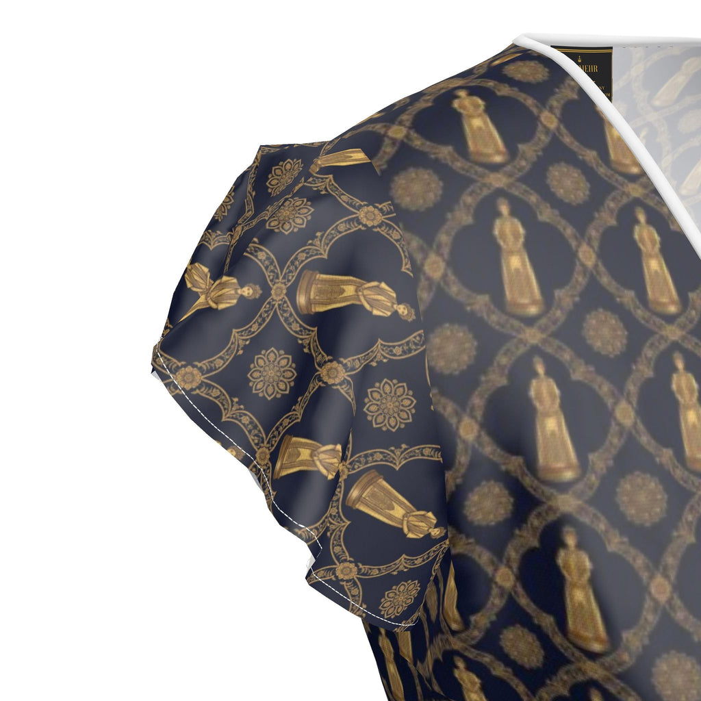 Aryamehr Empress Volant-Teekleid aus Seidensatin – Marine & Gold