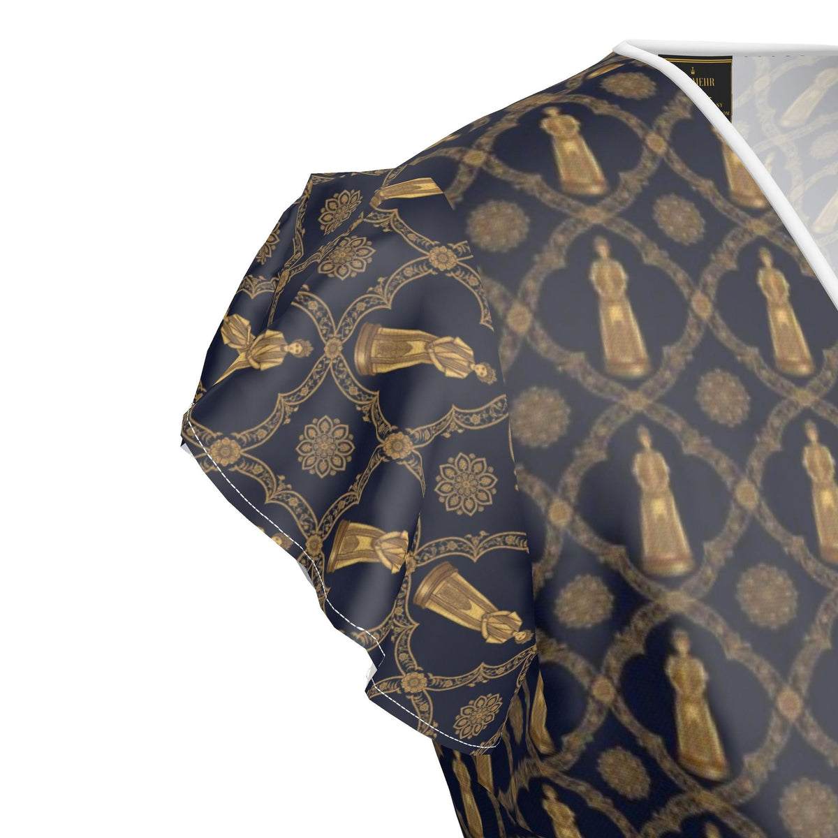 Aryamehr Empress Volant-Teekleid aus Seidensatin – Marine & Gold