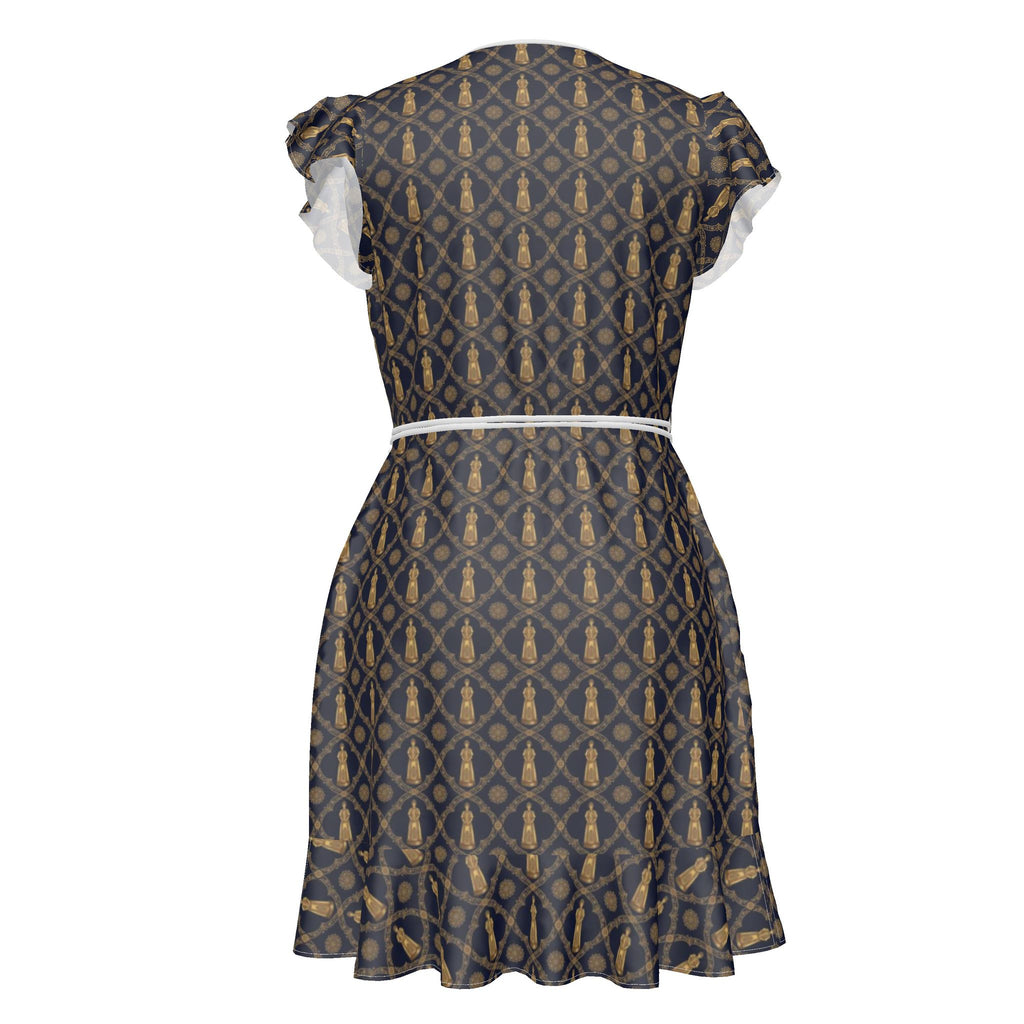 Aryamehr Empress Volant-Teekleid aus Seidensatin – Marine & Gold