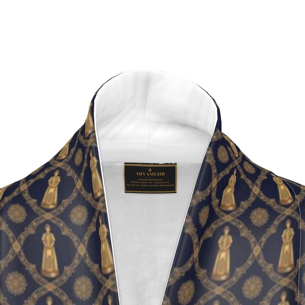 Aryamehr Empress Kimono aus Seidensatin – Marine & Gold