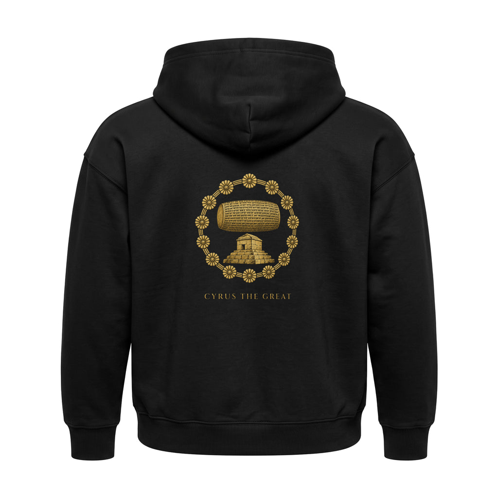 Aryamehr Kyros der Große Hoodie schwarz, 440 g/m² Oversize – großer Rückendruck in Gold, Produktfoto