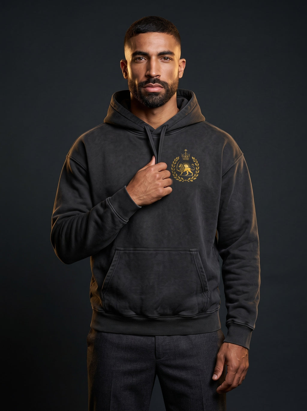 Aryamehr Kyros der Große Hoodie schwarz – Vorderseite mit kleinem Löwe-und-Sonne-Brustmotiv, getragen von einem Mann