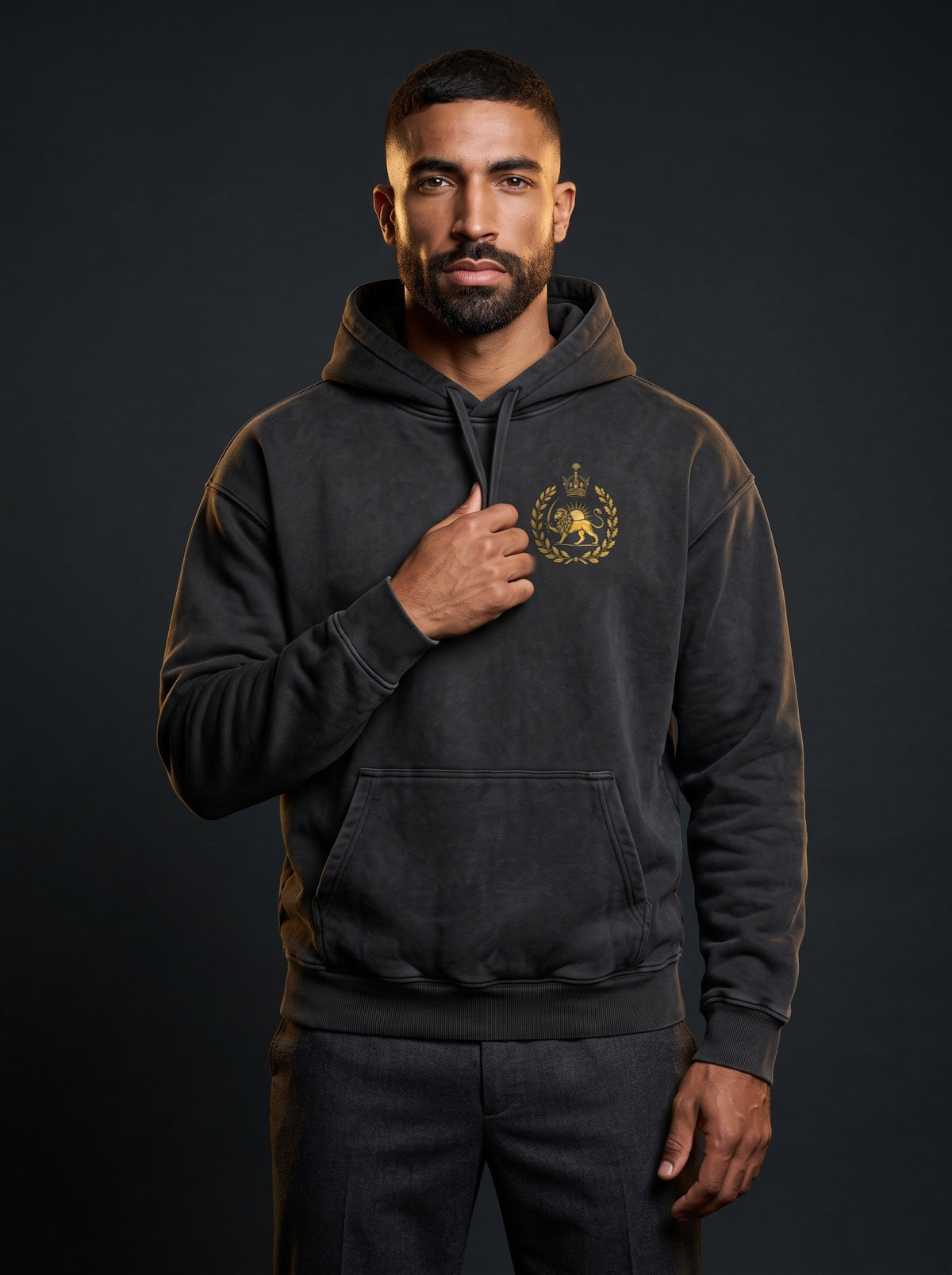 Aryamehr Kyros der Große Hoodie schwarz – Vorderseite mit kleinem Löwe-und-Sonne-Brustmotiv, getragen von einem Mann