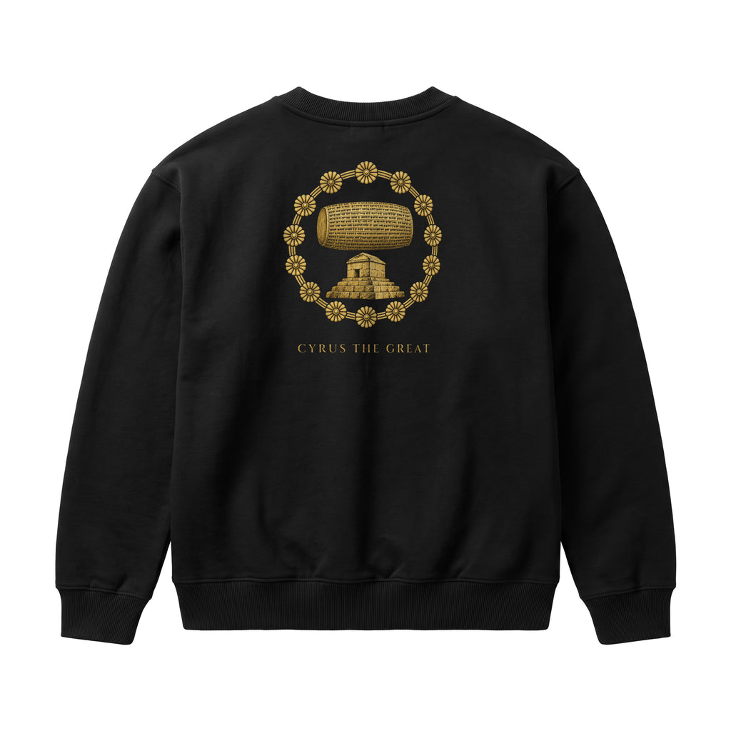Aryamehr Kyros der Große Sweatshirt Faded Black, 440 g/m² Oversize – großer Rückendruck in Gold, Produktfoto