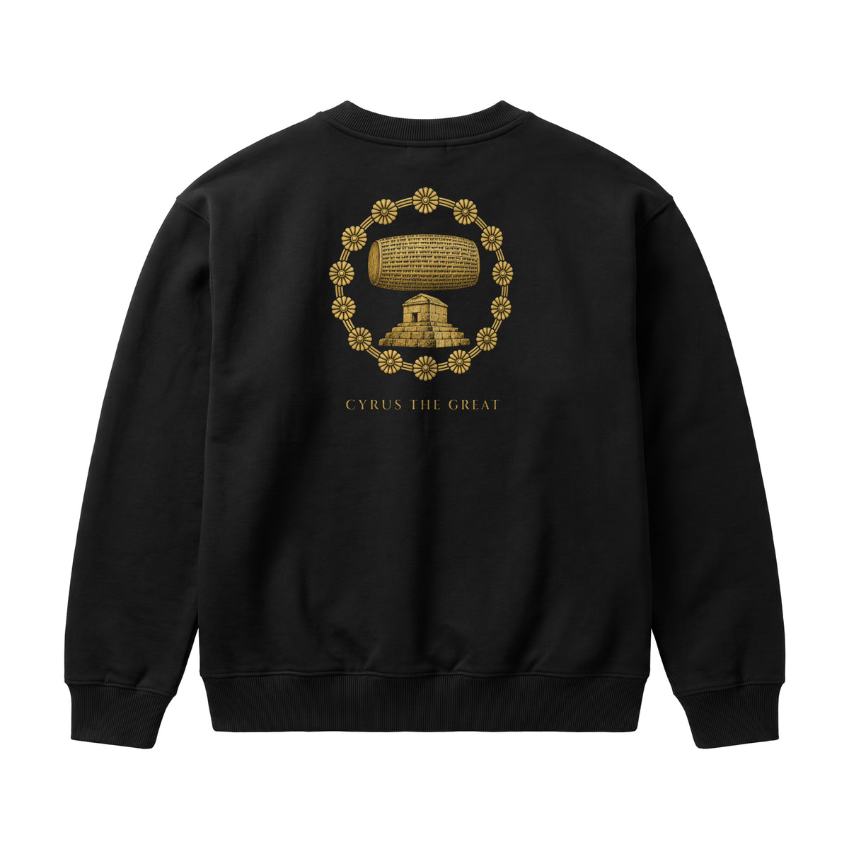 Aryamehr Kyros der Große Sweatshirt Faded Black, 440 g/m² Oversize – großer Rückendruck in Gold, Produktfoto