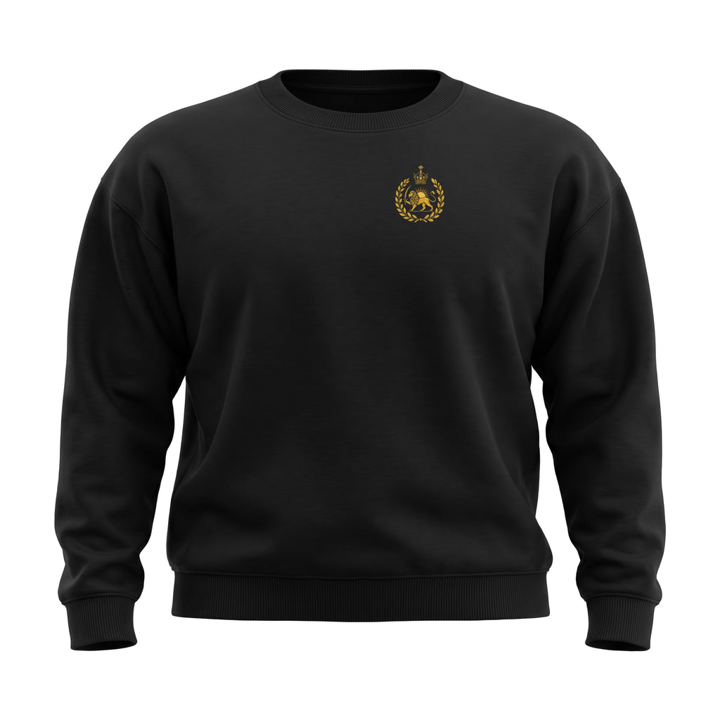 Aryamehr Kyros der Große Sweatshirt Faded Black, Oversize – Vorderseite mit kleinem Löwe-und-Sonne-Brustmotiv, Produktfoto