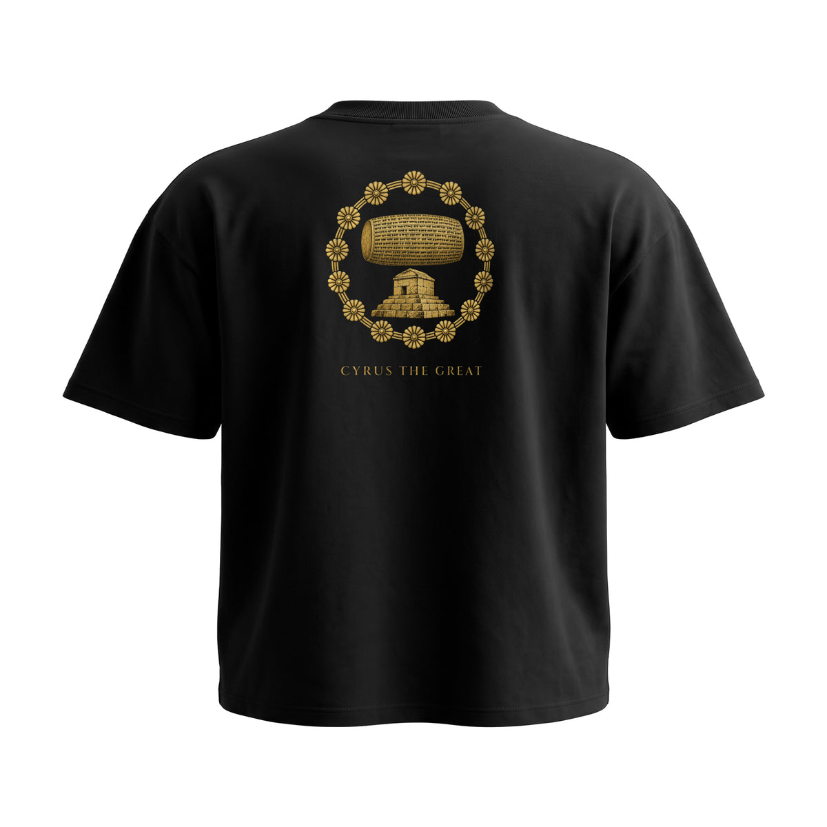 Aryamehr Kyros der Große T-Shirt schwarz, 425 g/m² Oversize – großer Rückendruck in Gold, Produktfoto