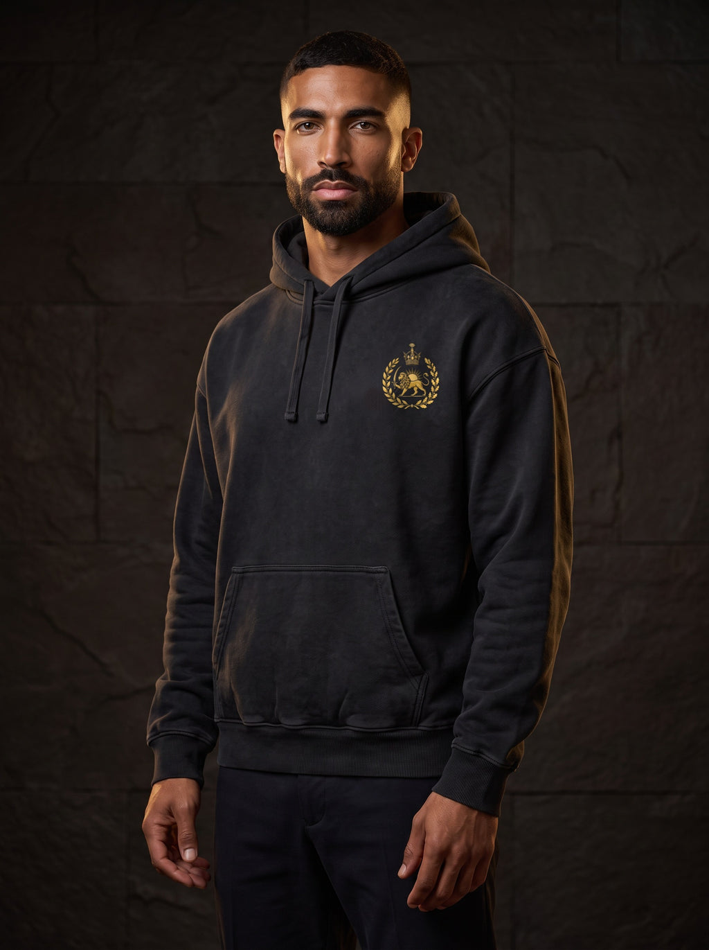 Aryamehr Faravahar Hoodie schwarz, Oversize – Vorderseite mit kleinem Löwe-und-Sonne-Brustmotiv, getragen von einem Mann