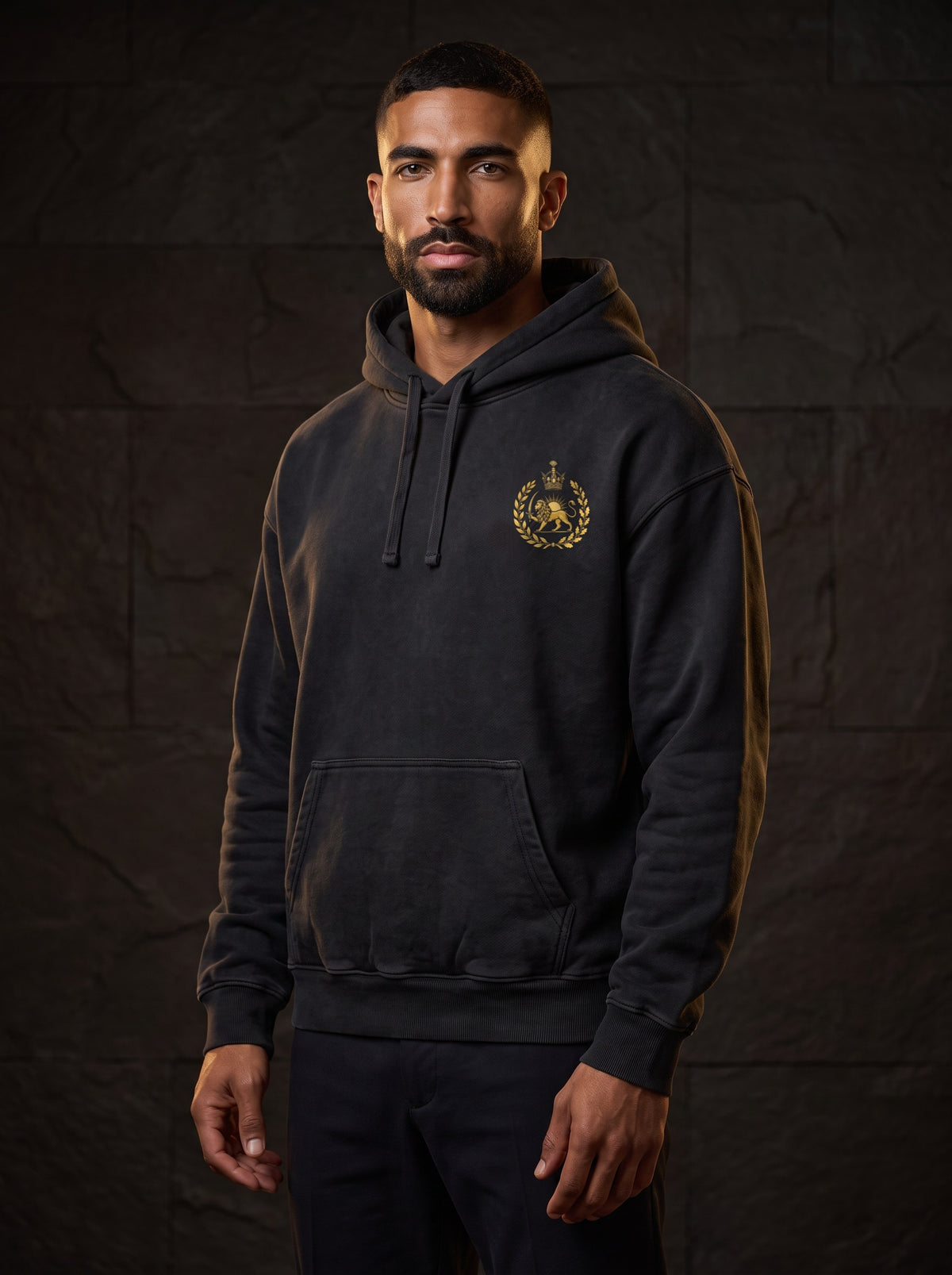 Aryamehr Faravahar Hoodie schwarz, Oversize – Vorderseite mit kleinem Löwe-und-Sonne-Brustmotiv, getragen von einem Mann