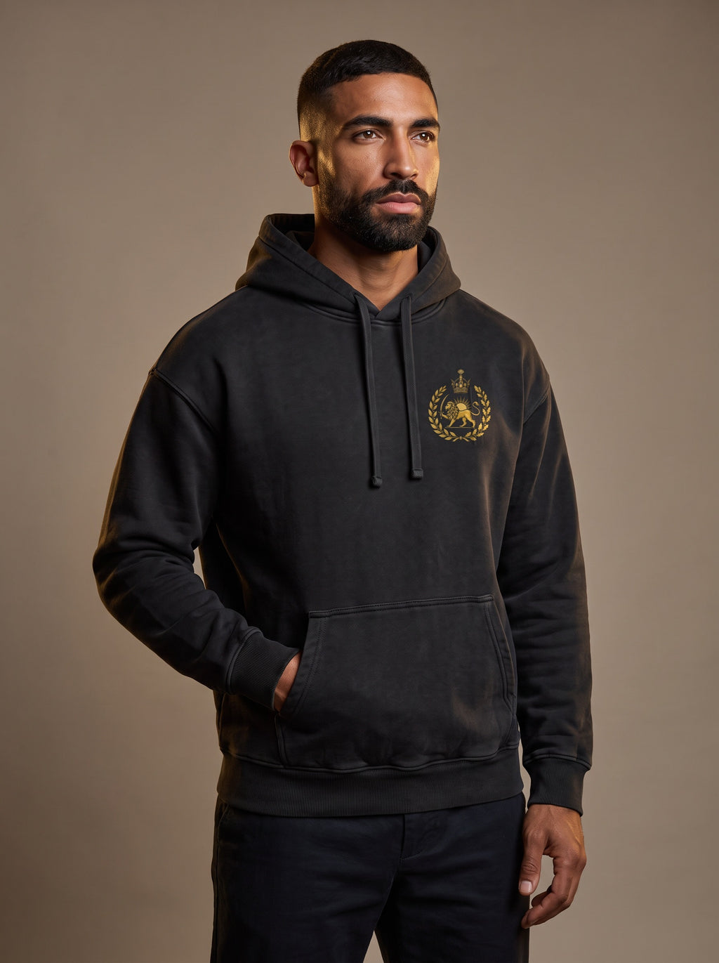 Aryamehr Iran Kalligrafie Hoodie schwarz – Vorderseite mit kleinem Löwe-und-Sonne-Brustmotiv, getragen von einem Mann