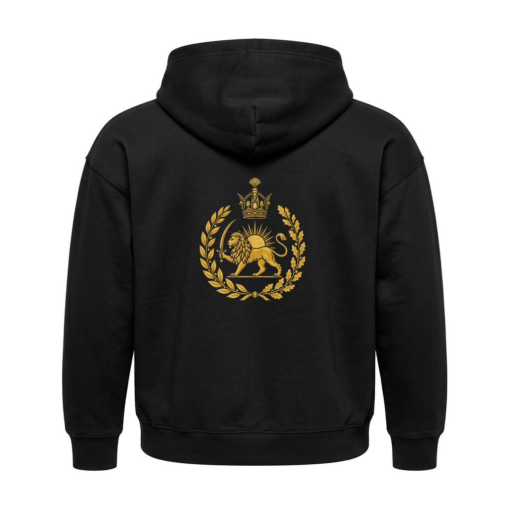 Aryamehr Löwe und Sonne Hoodie schwarz, 440 g/m² Oversize – großer Rückendruck in Gold, Produktfoto