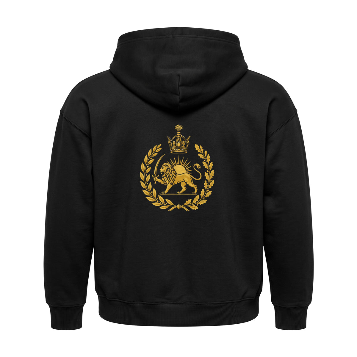 Aryamehr Löwe und Sonne Hoodie schwarz, 440 g/m² Oversize – großer Rückendruck in Gold, Produktfoto