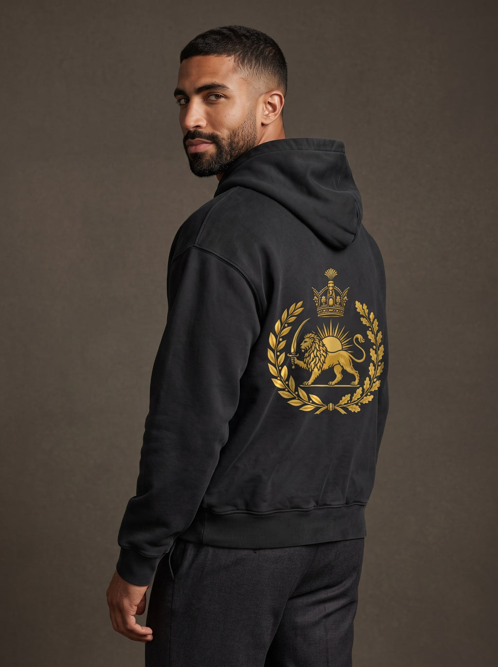 Aryamehr Löwe und Sonne Hoodie schwarz, 440 g/m² Oversize – großer Rückendruck in Gold, getragen von einem Mann