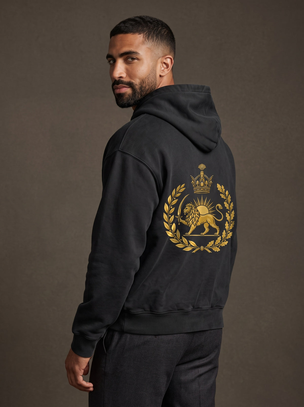 Aryamehr Löwe und Sonne Hoodie schwarz, 440 g/m² Oversize – großer Rückendruck in Gold, getragen von einem Mann