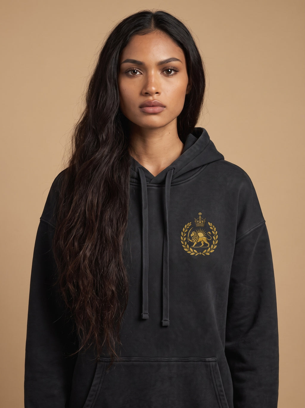 Aryamehr Löwe und Sonne Hoodie schwarz, Oversize – Vorderseite mit kleinem Löwe-und-Sonne-Brustmotiv, getragen von einer Frau