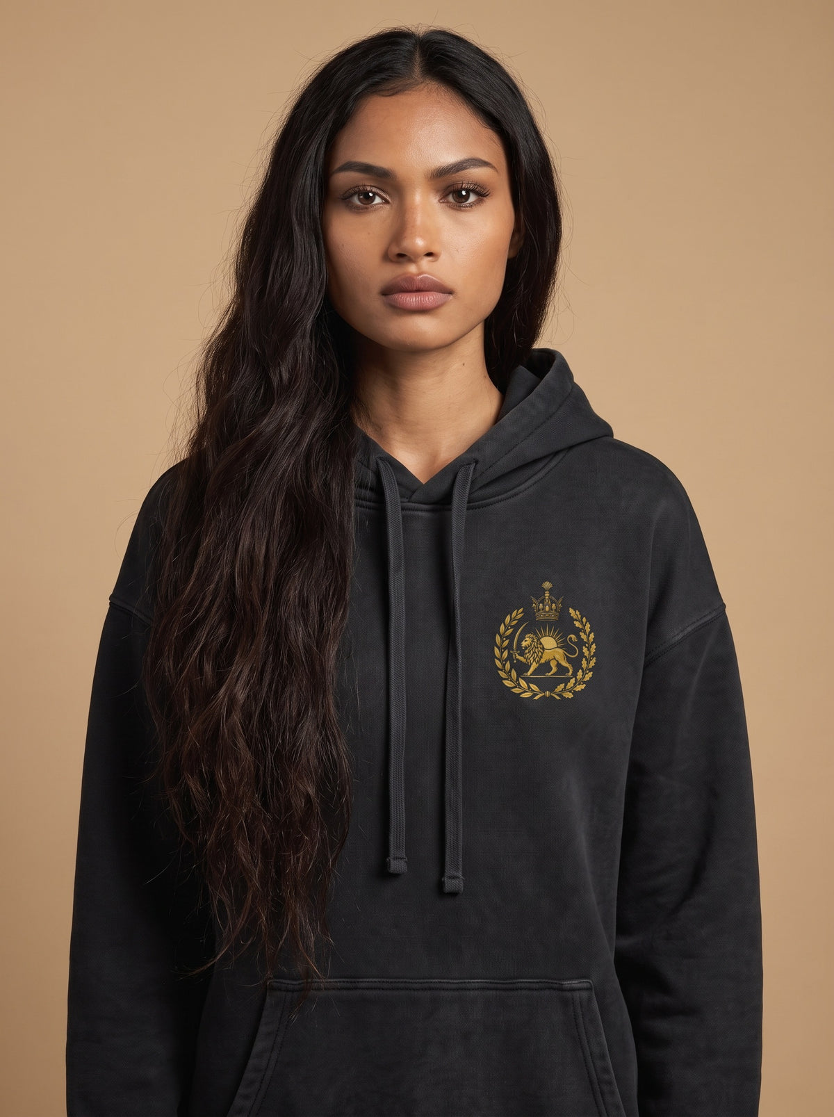 Aryamehr Löwe und Sonne Hoodie schwarz, Oversize – Vorderseite mit kleinem Löwe-und-Sonne-Brustmotiv, getragen von einer Frau