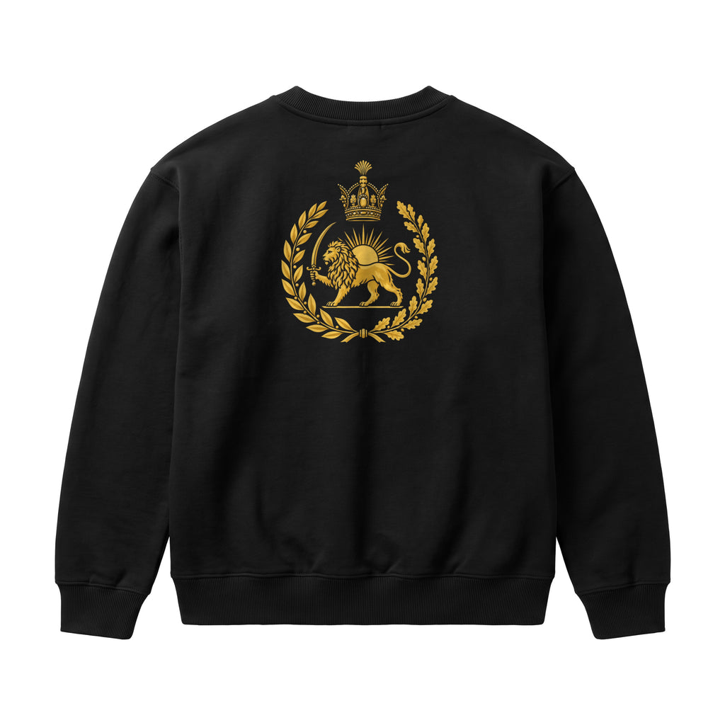 Aryamehr Löwe und Sonne Sweatshirt Faded Black, 440 g/m² Oversize – großer Rückendruck in Gold, Produktfoto