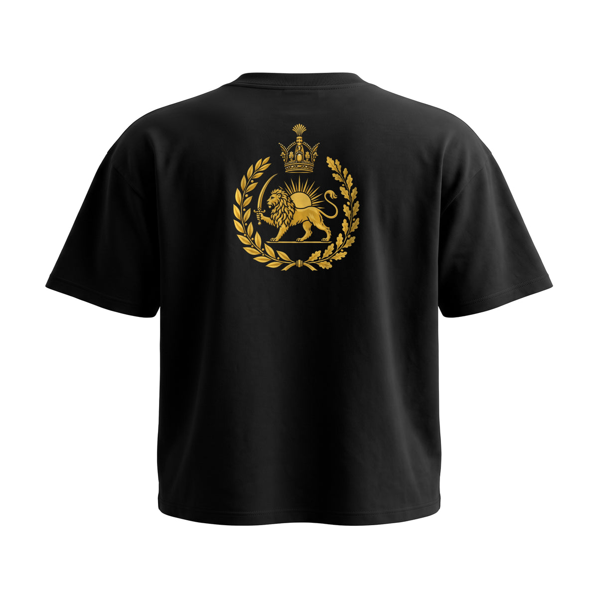 Aryamehr Löwe und Sonne T-Shirt schwarz, 425 g/m² Oversize – großer Rückendruck in Gold, Produktfoto