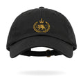 Aryamehr Löwe und Sonne Dad Hat schwarz, Vorderansicht mit gesticktem goldfarbenem Löwe-und-Sonne-Crest
