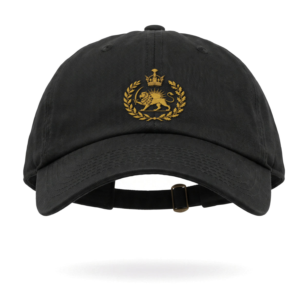 Aryamehr Löwe und Sonne Dad Hat schwarz, Vorderansicht mit gesticktem goldfarbenem Löwe-und-Sonne-Crest