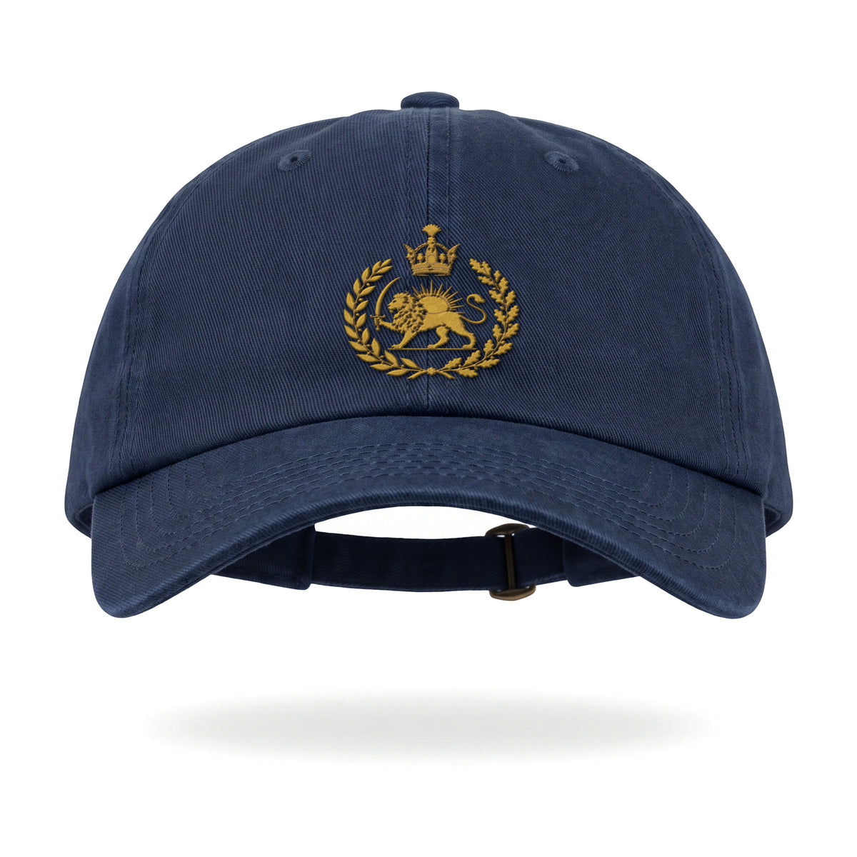 Aryamehr Löwe und Sonne Dad Hat Navy, Vorderansicht mit gesticktem goldfarbenem Löwe-und-Sonne-Crest