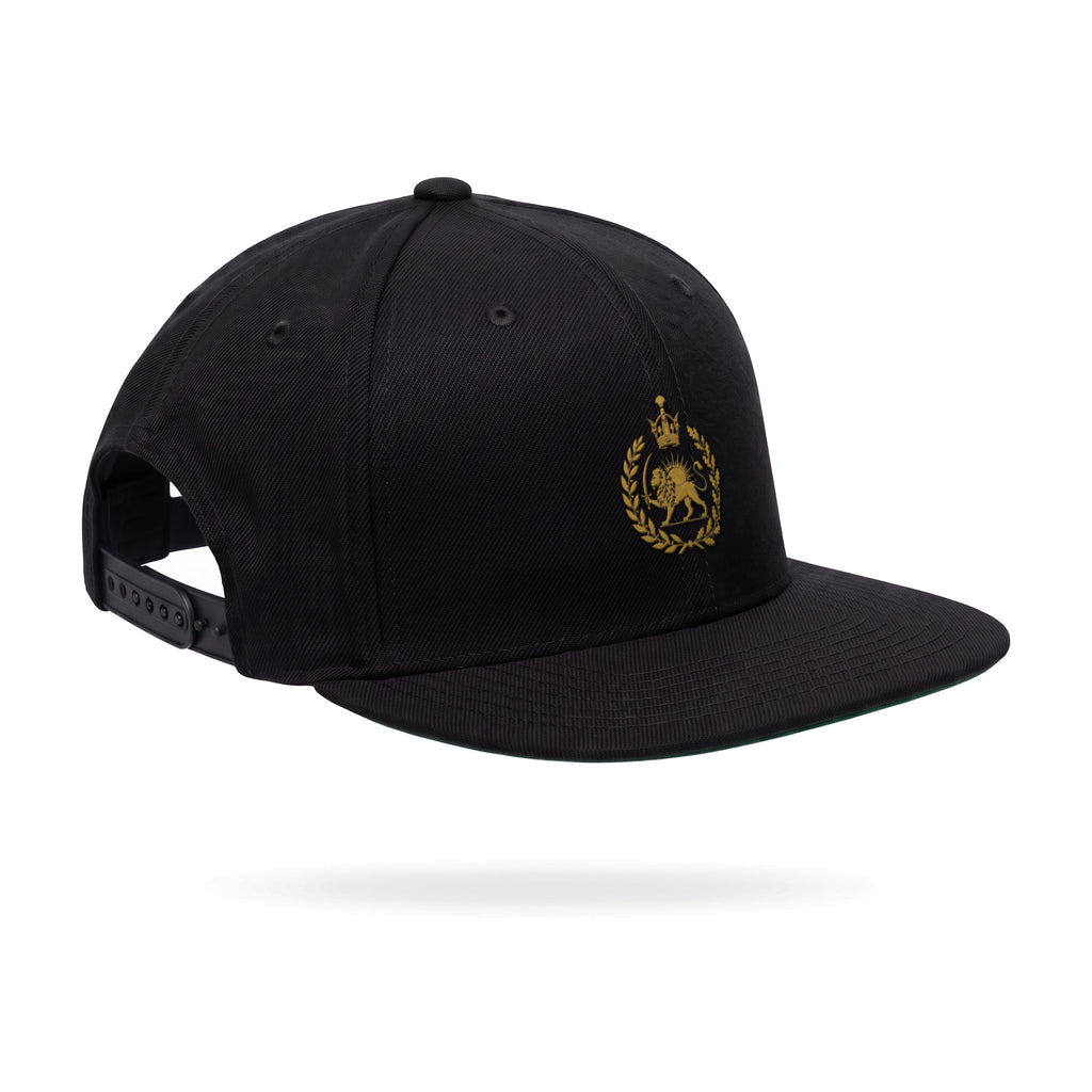 Aryamehr Löwe und Sonne Snapback Cap schwarz, Seitenansicht mit flachem Schirm