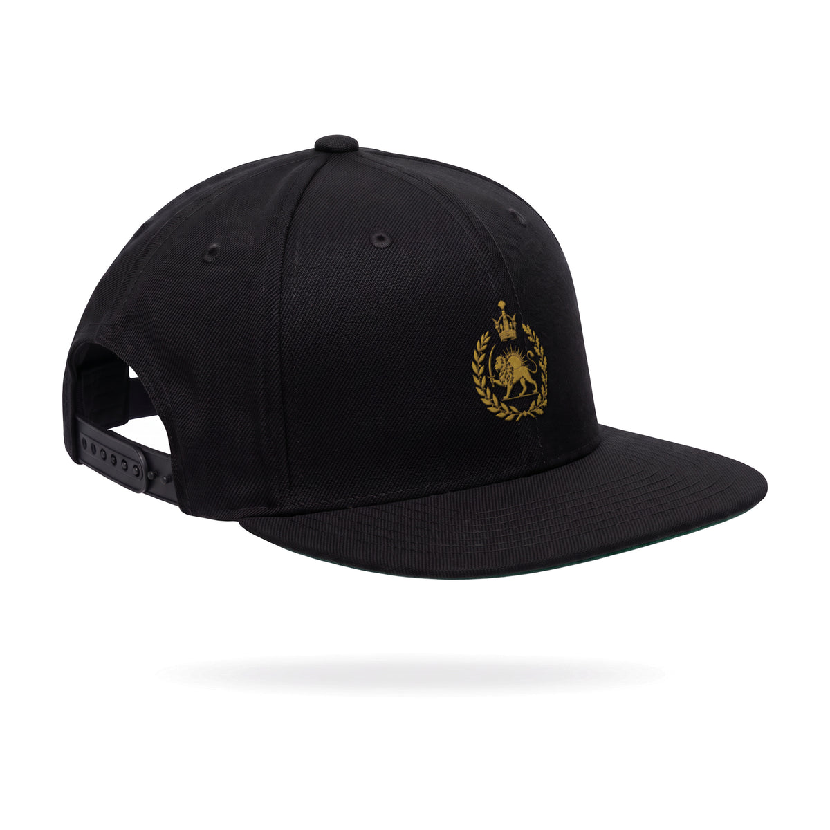 Aryamehr Löwe und Sonne Snapback Cap schwarz, Seitenansicht mit flachem Schirm