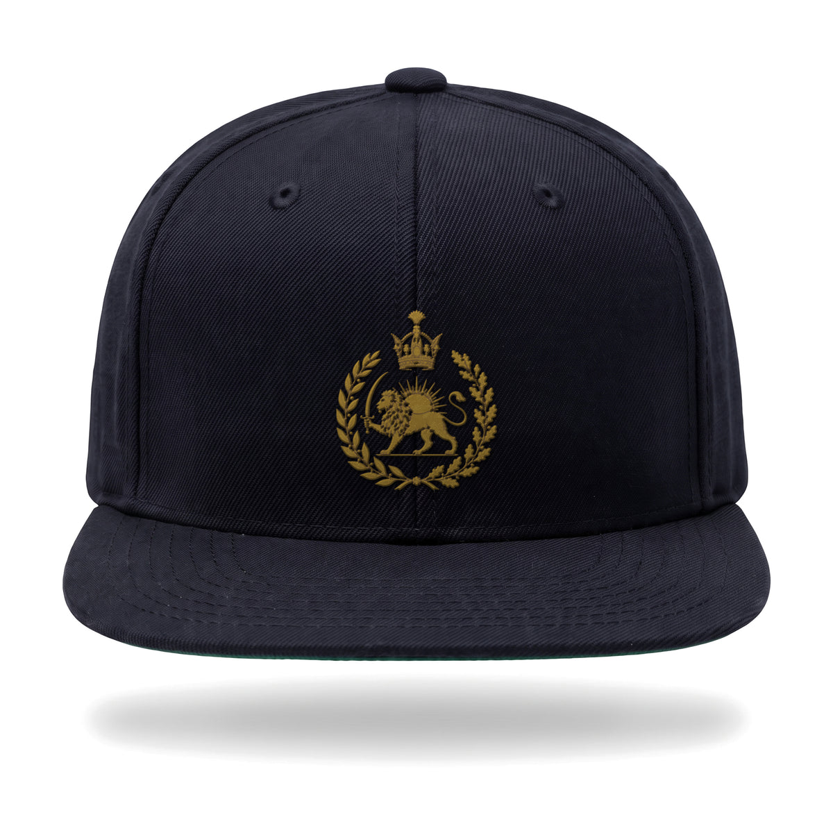 Aryamehr Löwe und Sonne Snapback Cap Navy, Vorderansicht mit gesticktem goldfarbenem Löwe-und-Sonne-Crest