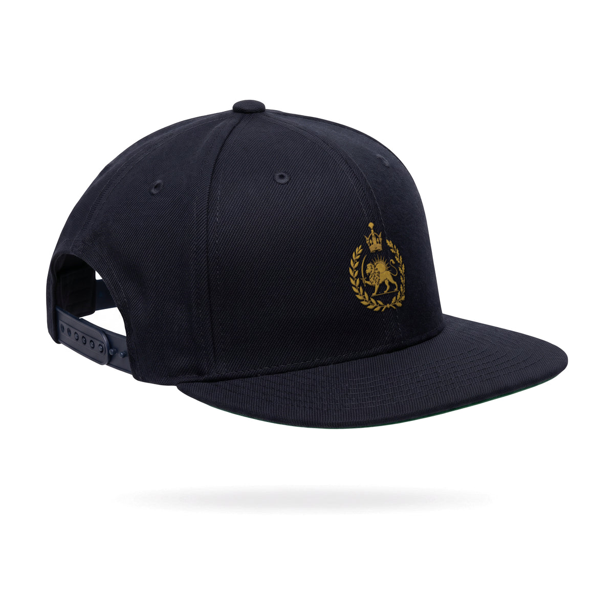 Aryamehr Löwe und Sonne Snapback Cap Navy, Seitenansicht mit flachem Schirm