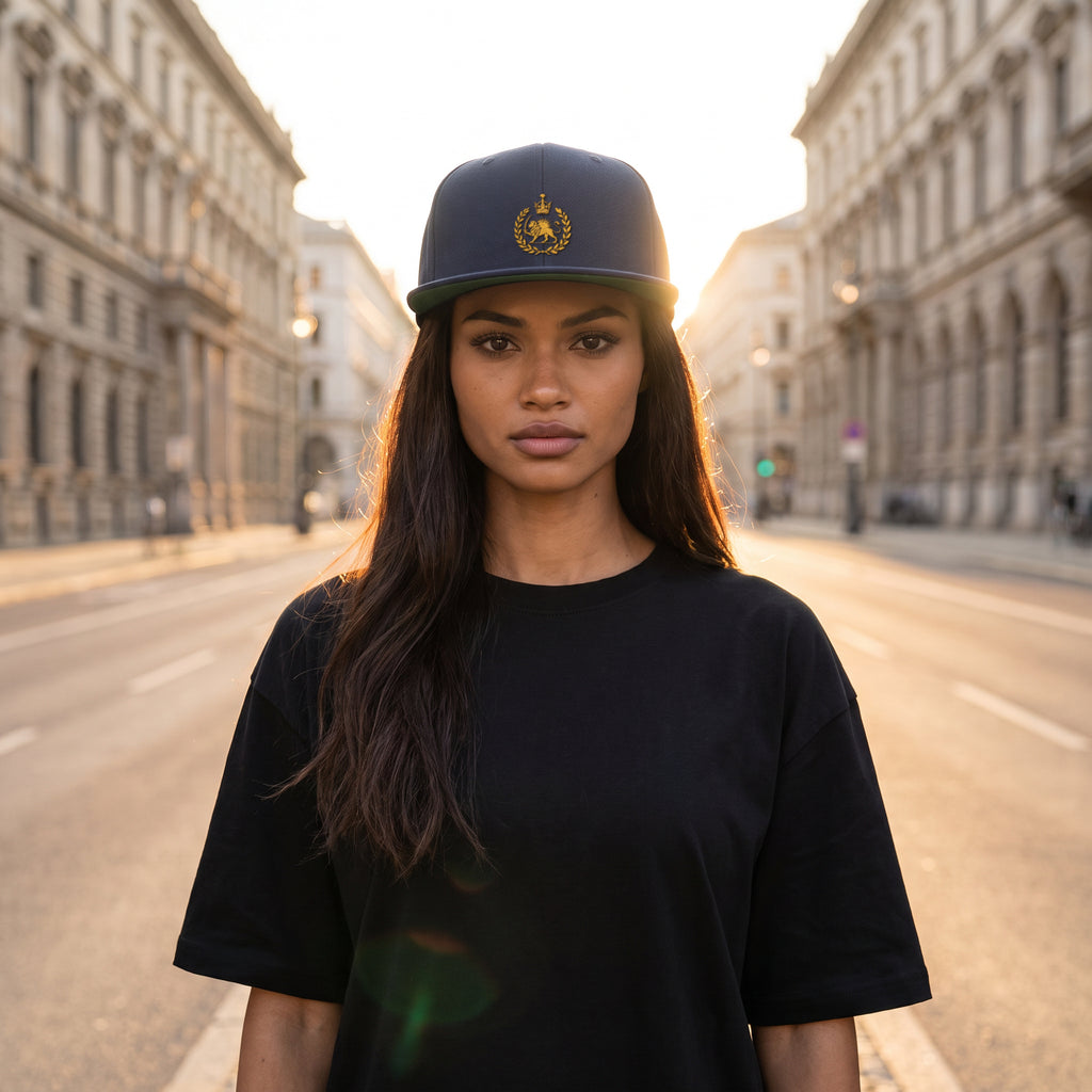 Aryamehr Löwe und Sonne Snapback Cap Navy, getragen, Lifestyle-Foto mit goldfarbenem Crest