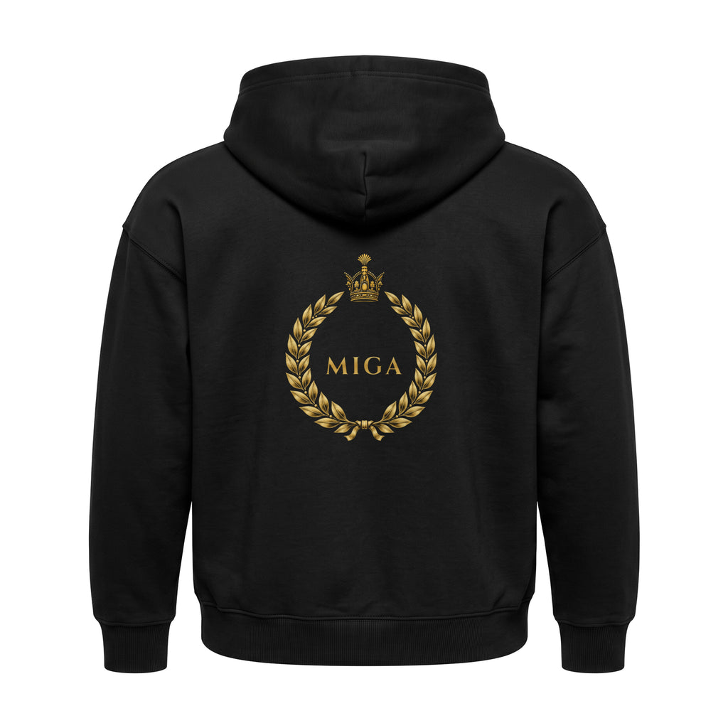Aryamehr MIGA Hoodie schwarz, 440 g/m² Oversize – großer Rückendruck in Gold, Produktfoto