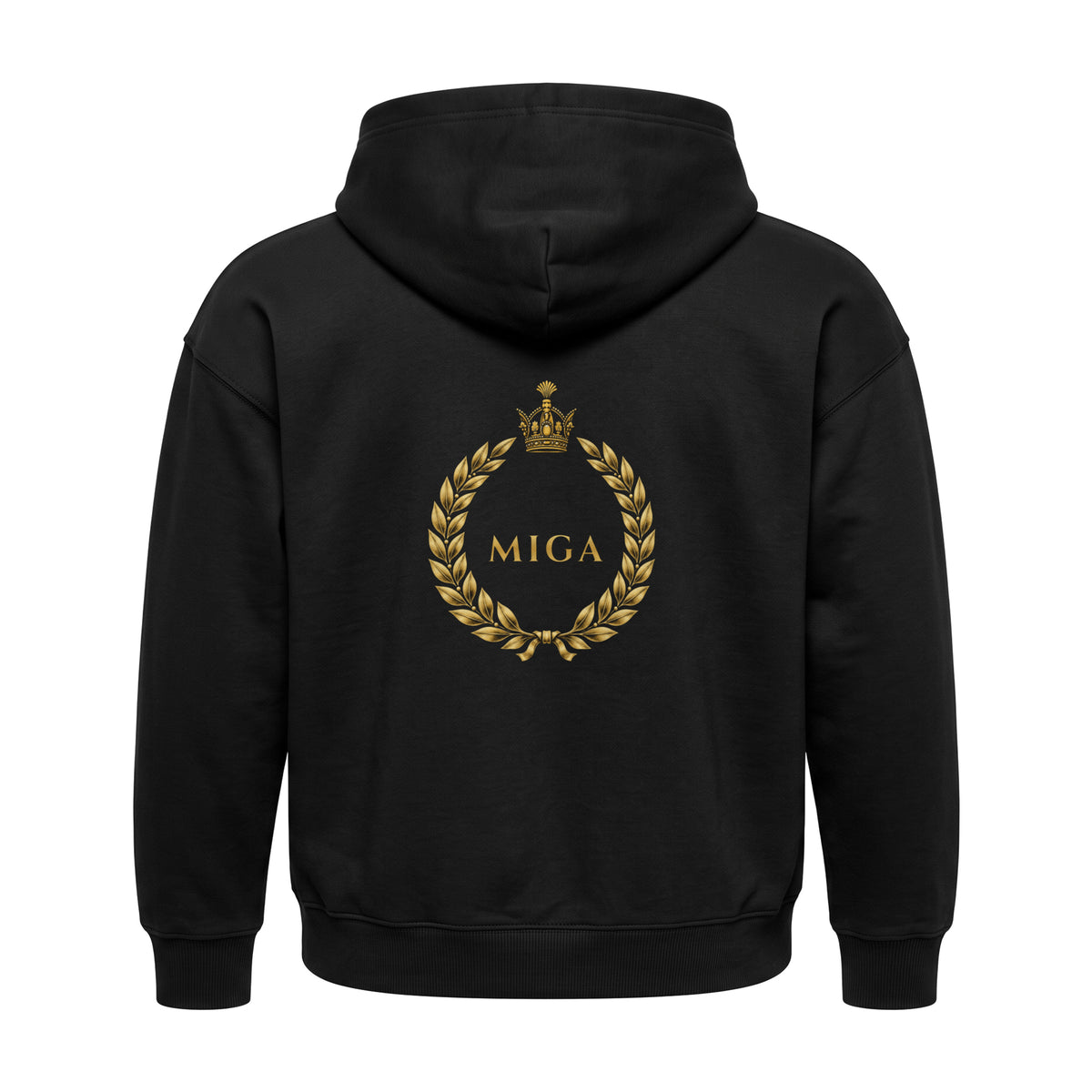 Aryamehr MIGA Hoodie schwarz, 440 g/m² Oversize – großer Rückendruck in Gold, Produktfoto