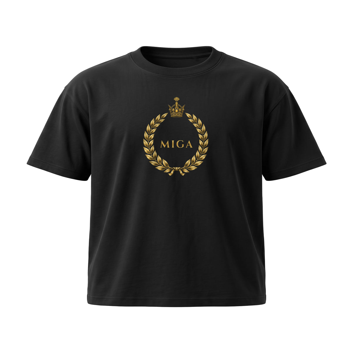 Aryamehr MIGA T-Shirt schwarz, 425 g/m² Oversize – großer Frontdruck in Gold, Produktfoto
