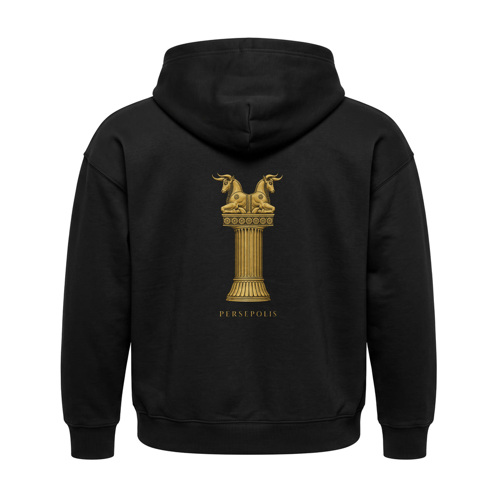 Aryamehr Persepolis Hoodie schwarz, 440 g/m² Oversize – großer Rückendruck in Gold, Produktfoto