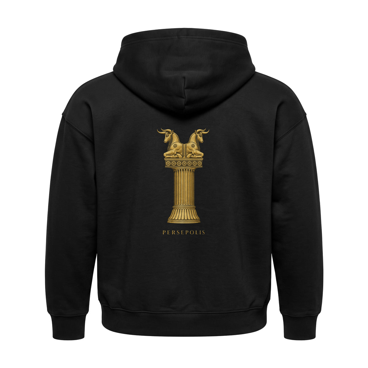 Aryamehr Persepolis Hoodie schwarz, 440 g/m² Oversize – großer Rückendruck in Gold, Produktfoto