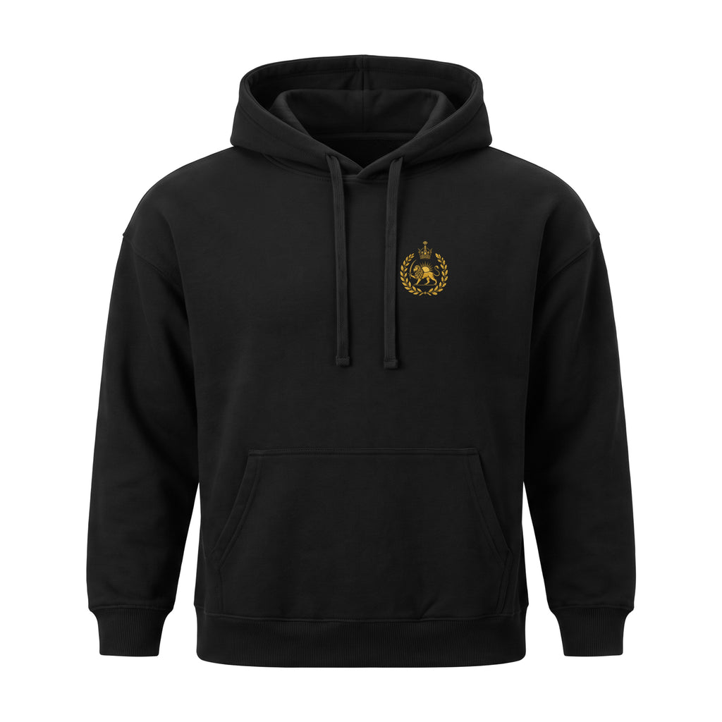 Aryamehr Persepolis Hoodie schwarz, 440 g/m² Oversize – Vorderseite mit kleinem Löwe-und-Sonne-Brustmotiv, Produktfoto