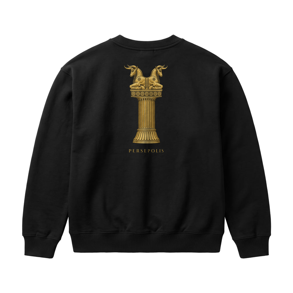 Aryamehr Persepolis Sweatshirt Faded Black, 440 g/m² Oversize – großer Rückendruck in Gold, Produktfoto