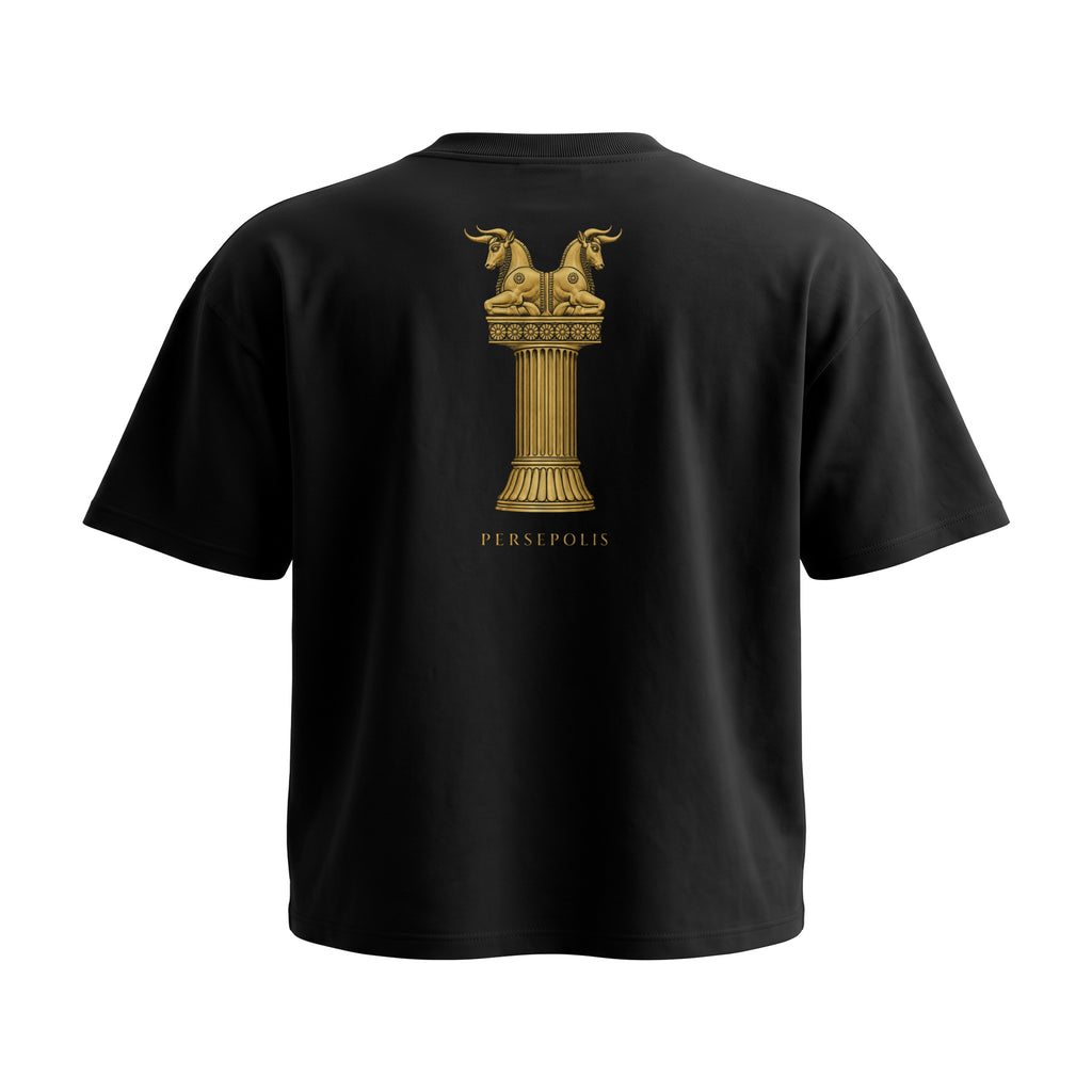 Aryamehr Persepolis T-Shirt schwarz, 425 g/m² Oversize – großer Rückendruck in Gold, Produktfoto