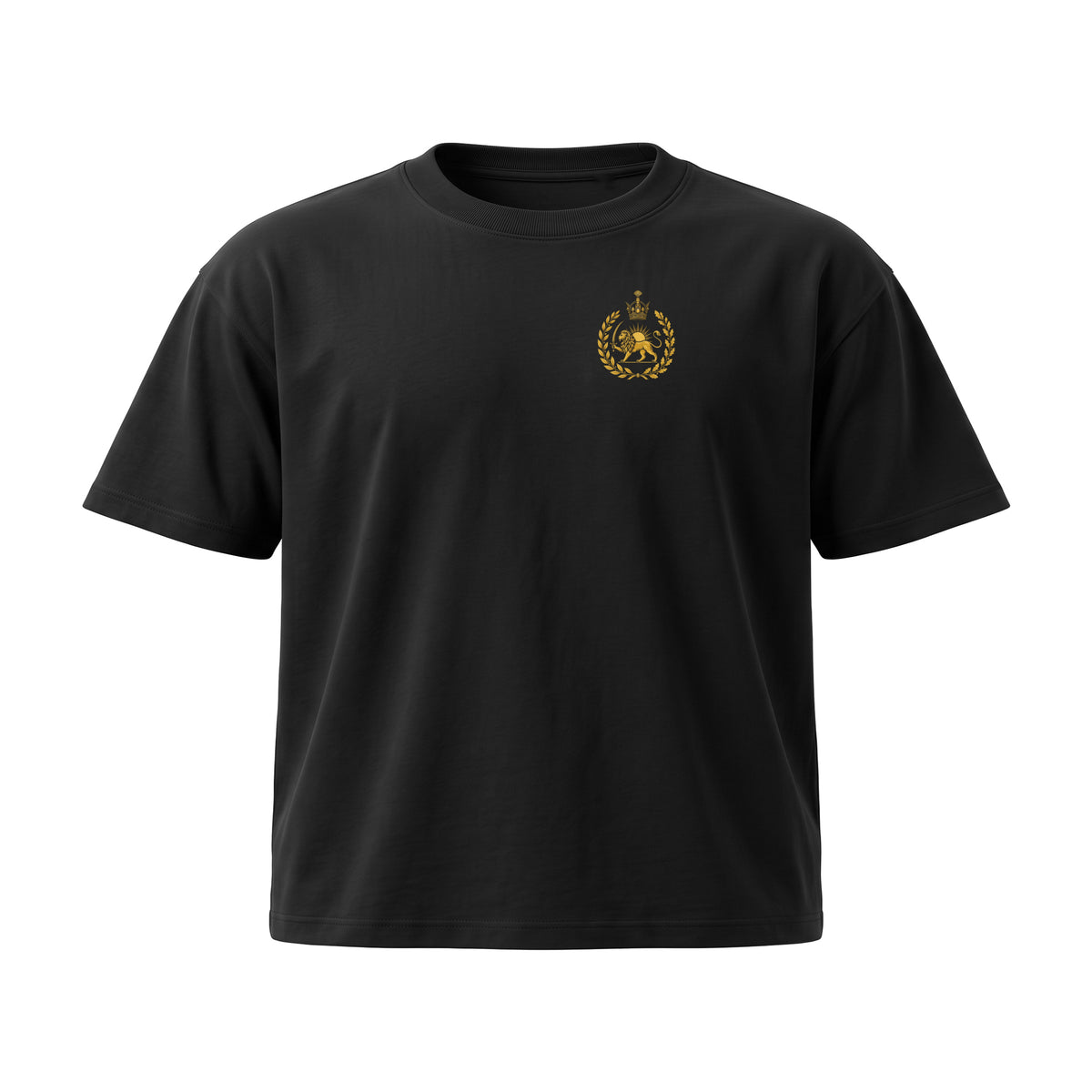 Aryamehr Persepolis T-Shirt schwarz, 425 g/m² Oversize – Vorderseite mit kleinem Löwe-und-Sonne-Brustmotiv, Produktfoto