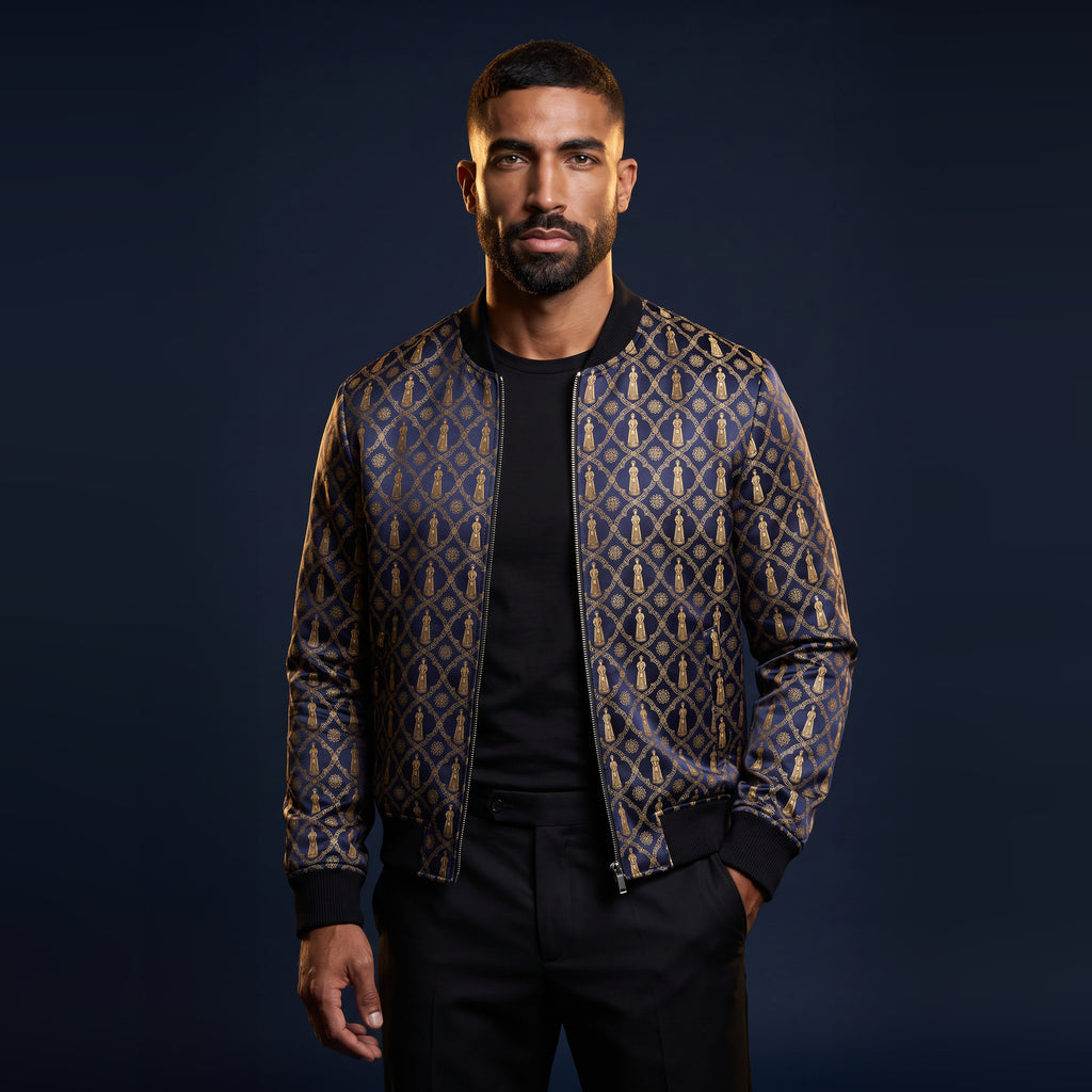 Aryamehr Empress Bomberjacke Herren Duchesse-Satin Marine & Gold