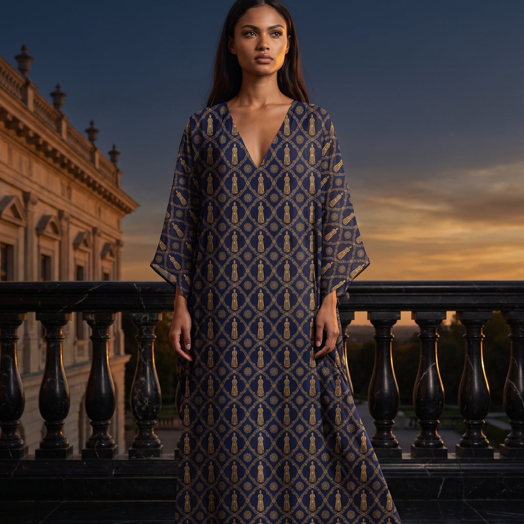 Aryamehr Empress Kaftan aus Seidengeorgette – Marine & Gold