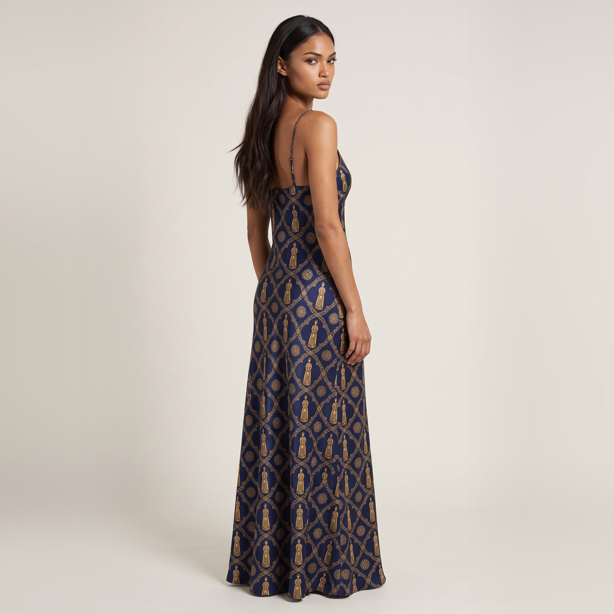 Aryamehr Empress Slip Dress Maxi aus Seidensatin – Marine & Gold