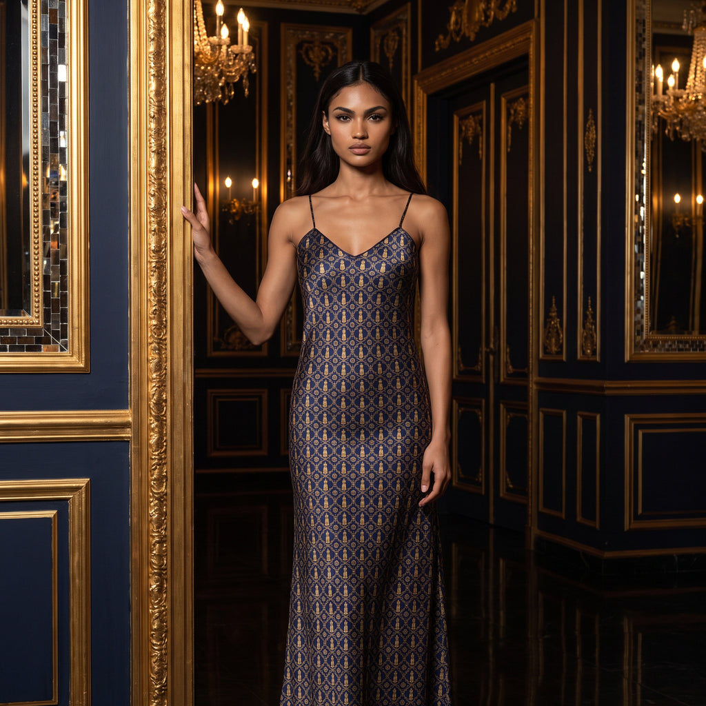 Aryamehr Empress Slip Dress Maxi aus Seidensatin – Marine & Gold