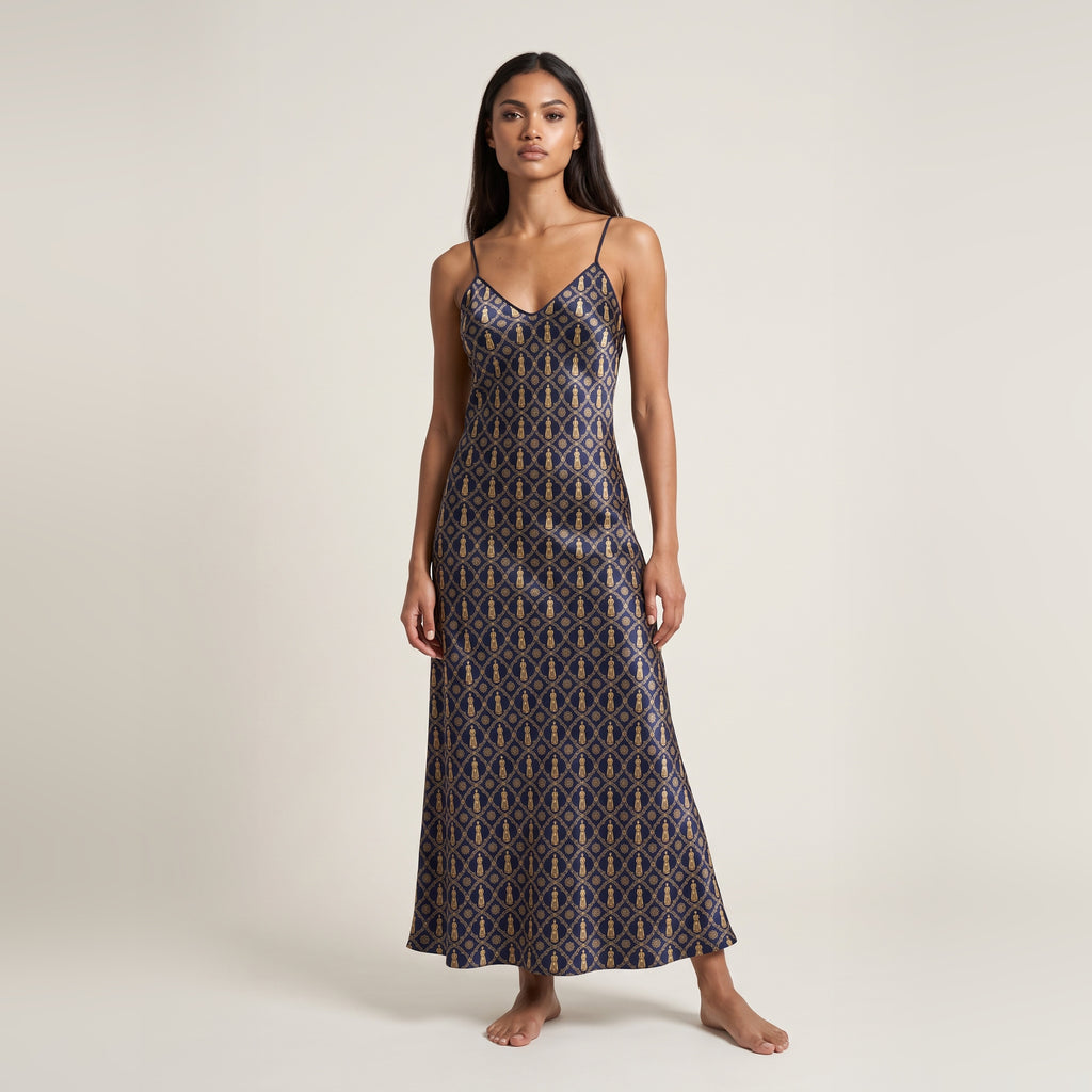 Aryamehr Empress Slip Dress Maxi aus Seidensatin – Marine & Gold