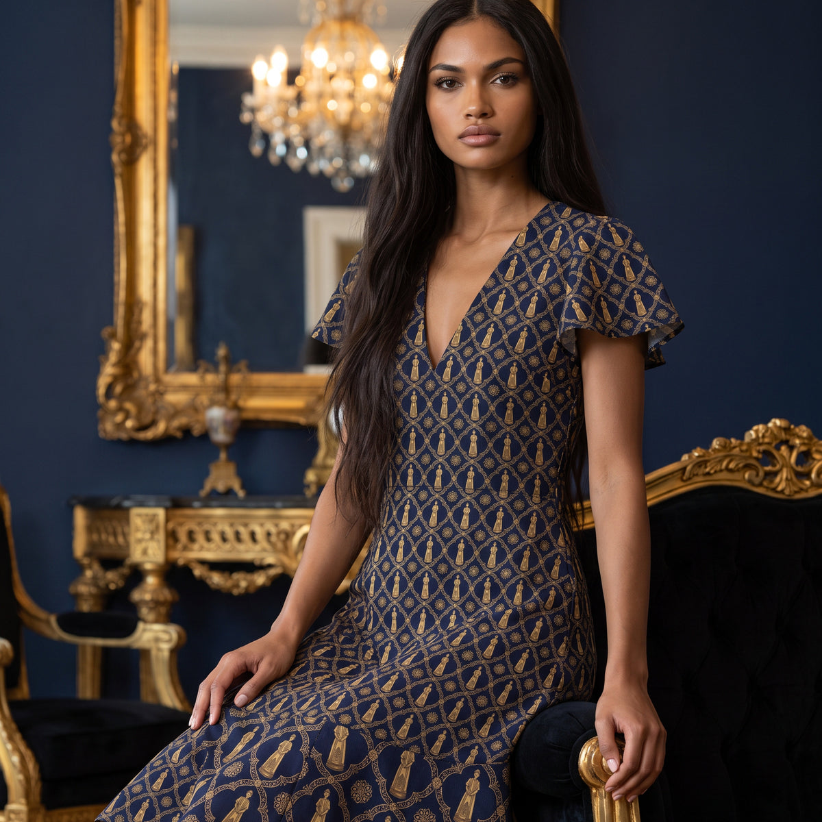 Aryamehr Empress Volant-Teekleid aus Seidensatin – Marine & Gold